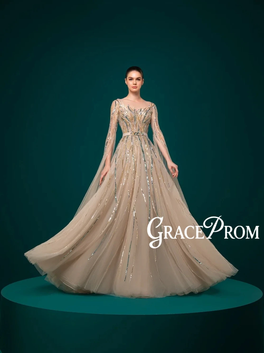Glamorous Champagne Prom Dress Dainty Beaded Sequins Cape Sleeves A-line Tulle Arabic Evening Gown With Waist Belt & Open Back
Glamorous Champagne Prom Dress Dainty Beaded Sequins Cape Sleeves A-line Tulle Arabic Evening Gown With Waist Belt & Open Back