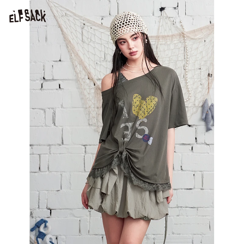 ELFSACK Off-Shoulder Graphic Print T-Shirt, Asymmetrical Strap Tee with Drawstring Hem
ELFSACK Off-Shoulder Graphic Print T-Shirt, Asymmetrical Strap Tee with Drawstring Hem