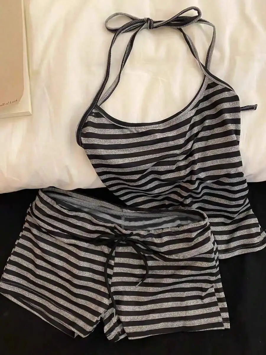 Resyla New Striped Tie Spaghetti Strap Crop Top And Shorts 2 Pieces Set, Casual Sexy Slim Fit
Resyla New Striped Tie Spaghetti Strap Crop Top And Shorts 2 Pieces Set, Casual Sexy Slim Fit