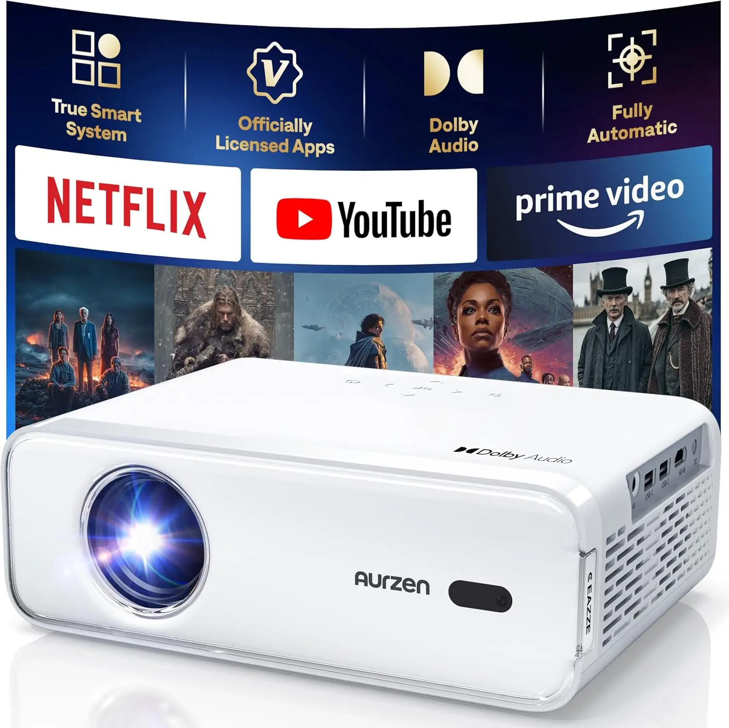Native 1080P Smart Projector with WiFi & Bluetooth, Auto Focus/Keystone, Dolby Audio, HDR10, Portable for Home Theater