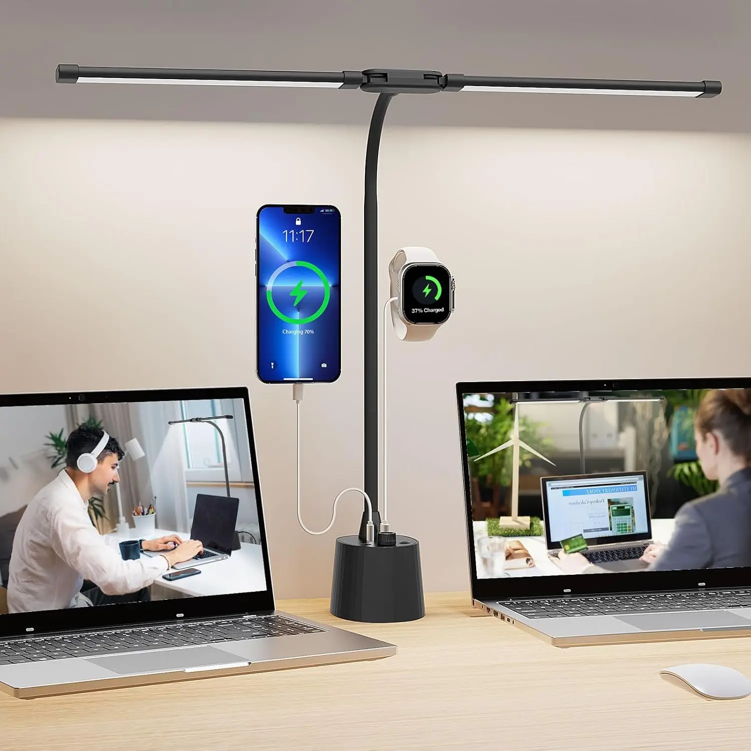 Dual-Head Desk Lamp, 5 Color Modes Dimmable, USB A+C Charging, 2600 Lumens 12W, Wide-Angle for Reading Office Study
Dual-Head Desk Lamp, 5 Color Modes Dimmable, USB A+C Charging, 2600 Lumens 12W, Wide-Angle for Reading Office Study