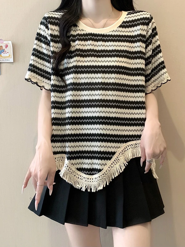 plus Size Women's round Neck Short Sleeve T-Shirt Striped Fringed Loose Fit Summer Slimming Versatile Asymmetrical Top
plus Size Women's round Neck Short Sleeve T-Shirt Striped Fringed Loose Fit Summer Slimming Versatile Asymmetrical Top