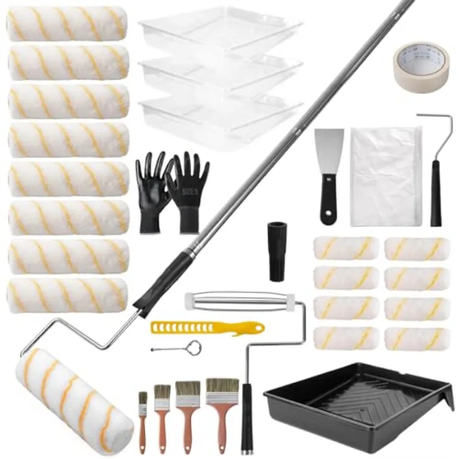PCS Paint Roller Kit with 4-Section Pole 1-5 FT Heavy Duty Handles, 4" 9" Paint Rollers, Drop Cloth and Brushes Set House Paint
PCS Paint Roller Kit with 4-Section Pole 1-5 FT Heavy Duty Handles, 4" 9" Paint Rollers, Drop Cloth and Brushes Set House Paint