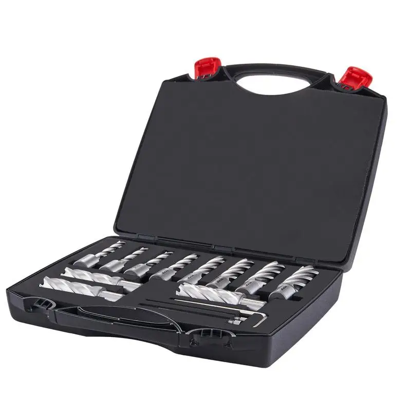 HSS Core Drill Bit Kit 7/16" to 1-1/16" For Metal Fabrication Construction Maintenance M2AL High Speed Steel 2" Cutting Depth 13 Pieces Weldon Shank Pilot Pins Hex Wrench Carrying Case Magnetic Drill Press Connection
HSS Core Drill Bit Kit 7/16" to 1-1/16" For Metal Fabrication Construction Maintenance M2AL High Speed Steel 2" Cutting Depth 13 Pieces Weldon Shank Pilot Pins Hex Wrench Carrying Case Magnetic Drill Press Connection