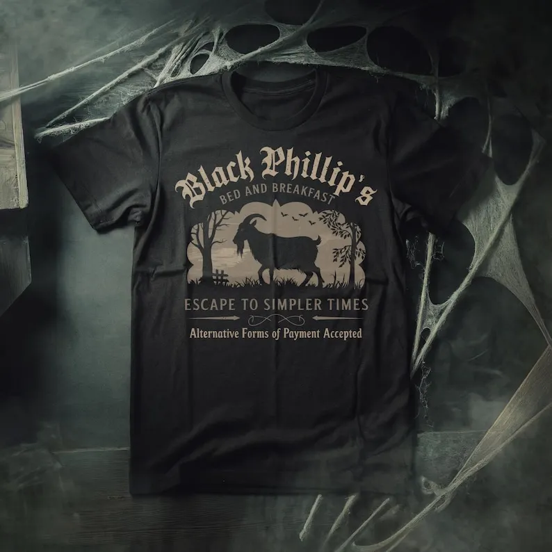 Black Phillip Bed & Breakfast - The VVitch Inspired Horror Movie Unisex Tee - Witch Witchy Black Phillip Goth Gothic Gifts Gift
Black Phillip Bed & Breakfast - The VVitch Inspired Horror Movie Unisex Tee - Witch Witchy Black Phillip Goth Gothic Gifts Gift