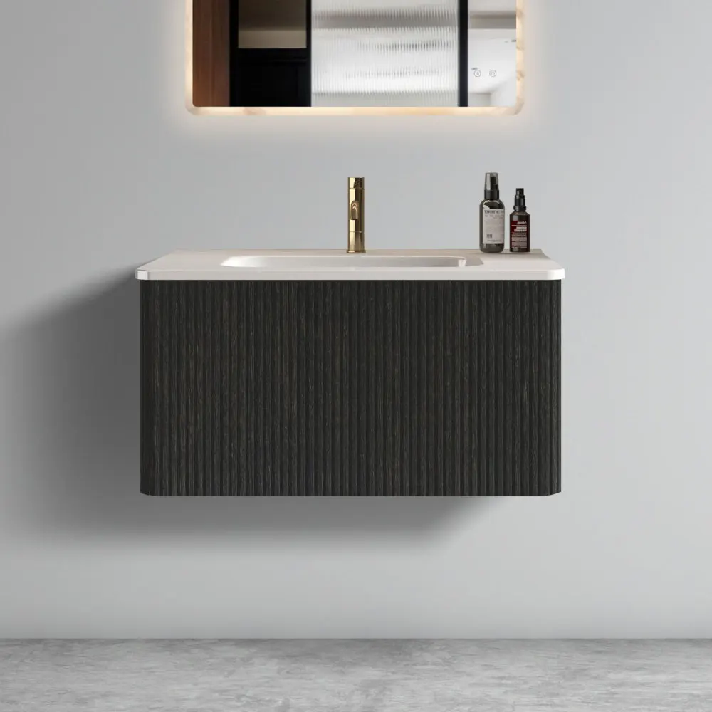 30" Striped Brushed Black Oak Floating Bathroom Vanity with White Ceramic Sink, Bathroom Vanity for Modern Bathroom, One-Piece
30" Striped Brushed Black Oak Floating Bathroom Vanity with White Ceramic Sink, Bathroom Vanity for Modern Bathroom, One-Piece
