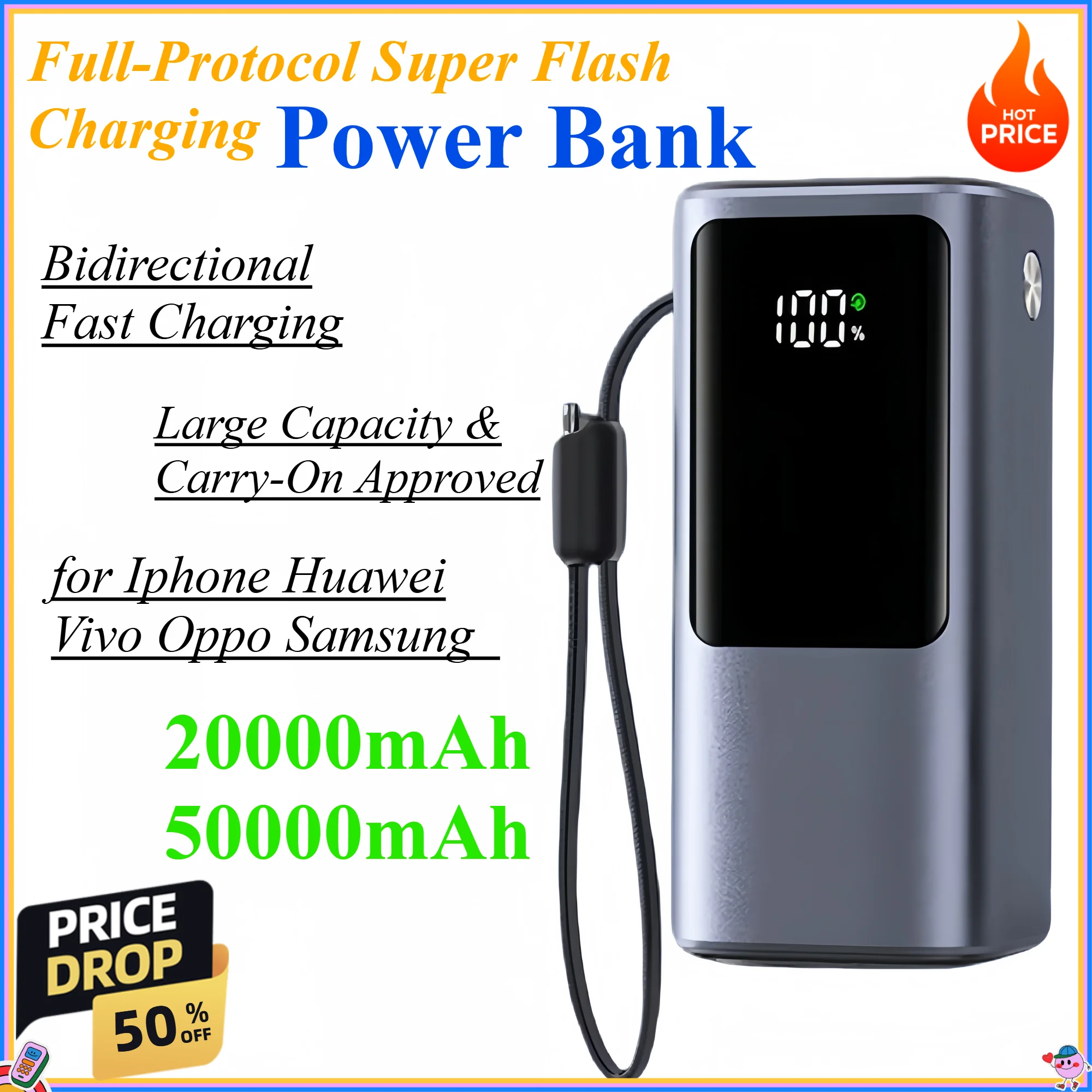 20000mAh Mini Power Bank 120w Portable Charger Built-in USB C Cable Fast Charging for Iphone Huawei Vivo Oppo Samsung S25 S24
20000mAh Mini Power Bank 120w Portable Charger Built-in USB C Cable Fast Charging for Iphone Huawei Vivo Oppo Samsung S25 S24