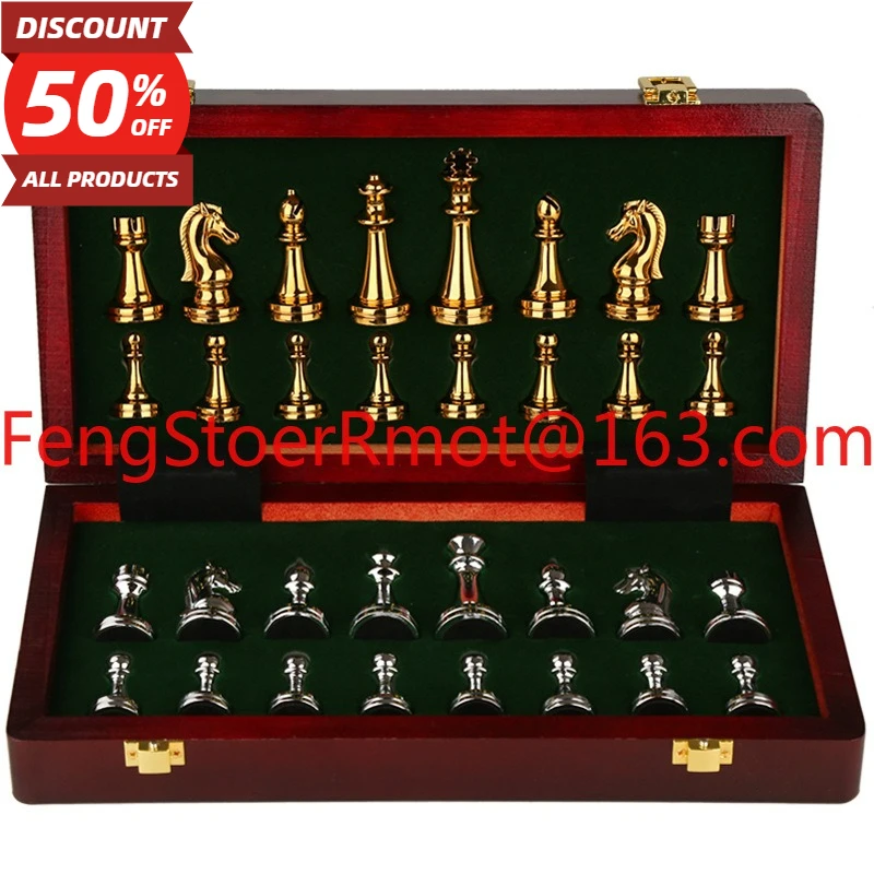 High-end gift box metal chess pieces wooden chess board retro European ornament chess
High-end gift box metal chess pieces wooden chess board retro European ornament chess