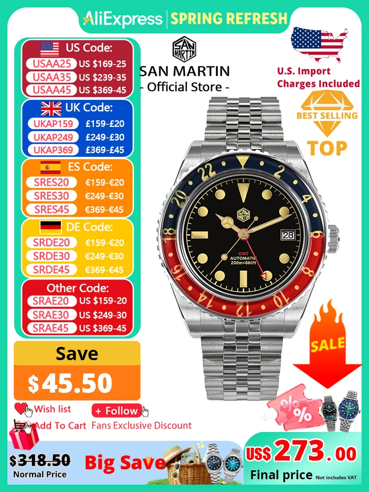 San Martin NH34 40mm GMT Luxury Sports Style Full Luminous Bidirectional Sapphire Bezel Automatic Mechanical Watch 20 Bar SN0005
San Martin NH34 40mm GMT Luxury Sports Style Full Luminous Bidirectional Sapphire Bezel Automatic Mechanical Watch 20 Bar SN0005