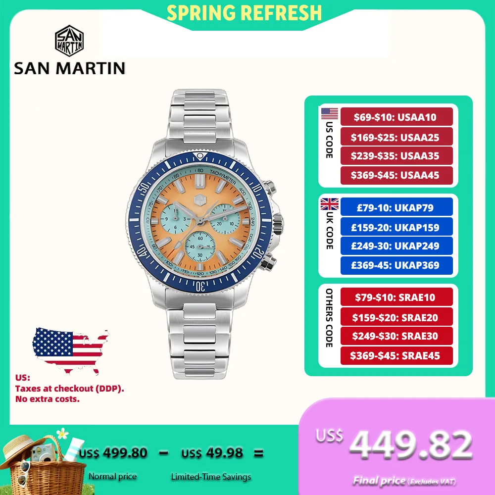 San Martin 40mm Peacock SL-4801 Mechanical Chronograph Watch Men Dive Auto/Hand-Wind Wristwatch High-Beat 20Bar Luxury SN0118JS
San Martin 40mm Peacock SL-4801 Mechanical Chronograph Watch Men Dive Auto/Hand-Wind Wristwatch High-Beat 20Bar Luxury SN0118JS