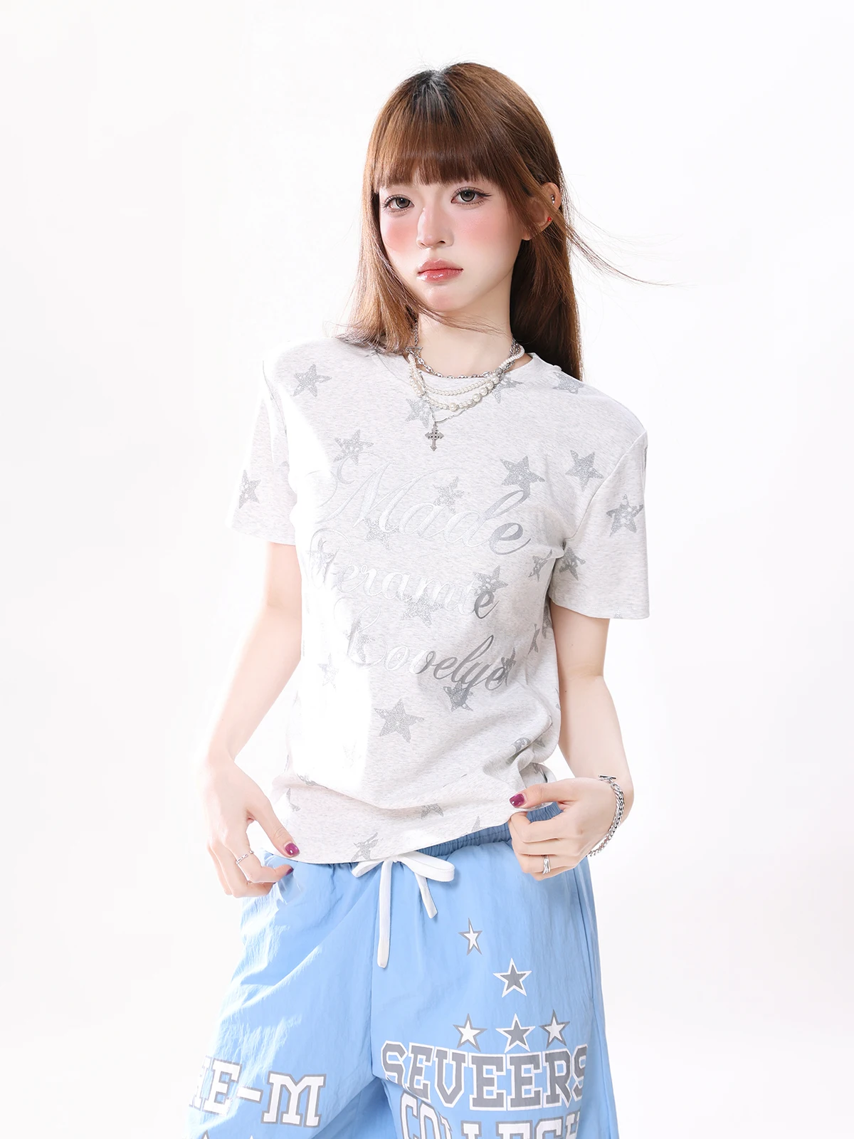 Silver Letter Short Sleeve T-Shirt Women's Summer Street Style Slim Fit Casual round Neck Top ENJOG American Star Heat Transfer
Silver Letter Short Sleeve T-Shirt Women's Summer Street Style Slim Fit Casual round Neck Top ENJOG American Star Heat Transfer
