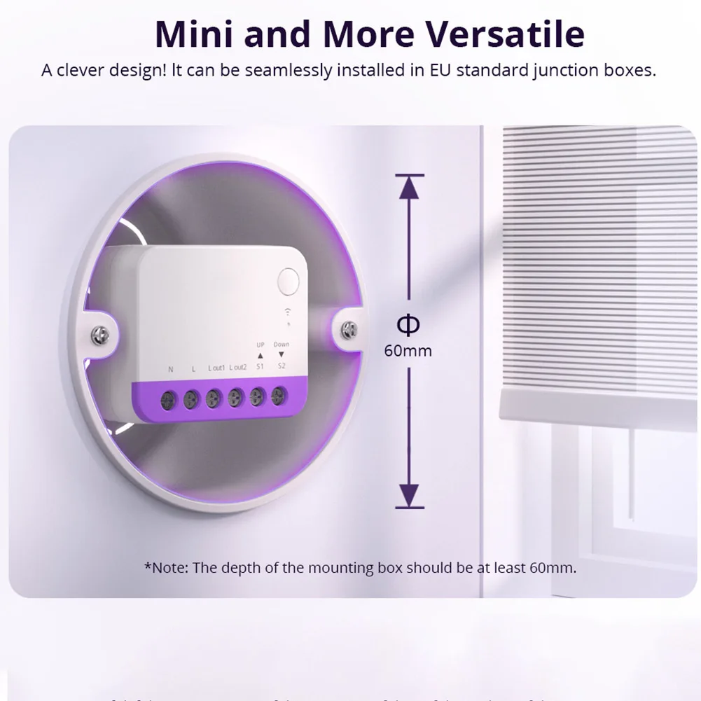 Умный выключатель для рольставней MINI-RBS с WiFi-управлением по процентам, совместимый с Alexa, для стандартных 60-мм монтажных коробок на стену
Умный выключатель для рольставней MINI-RBS с WiFi-управлением по процентам, совместимый с Alexa, для стандартных 60-мм монтажных коробок на стену