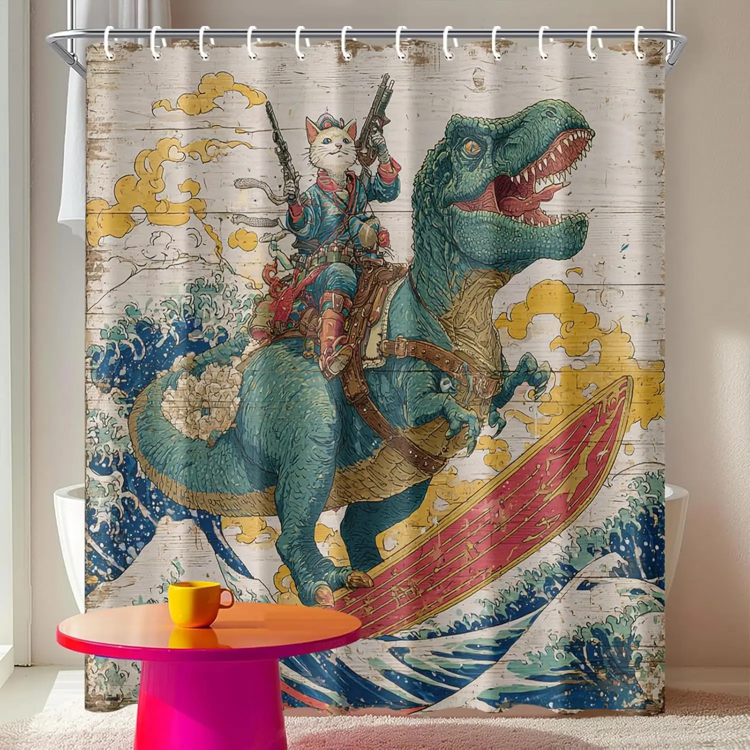 Stylish Samurai Cat Riding Surfing T-Rex Shower Curtain, Ukiyo-E Ocean Wave Print Washable Waterproof Fabric Partition Curtain
Stylish Samurai Cat Riding Surfing T-Rex Shower Curtain, Ukiyo-E Ocean Wave Print Washable Waterproof Fabric Partition Curtain