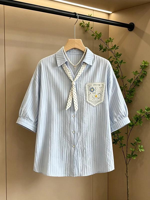 Blue Polka Dot Striped Large Size Silk Scarf V-Neck Shoulder Shirt Women's Summer New Style Anti-Aging Top Korean Style Commute
Blue Polka Dot Striped Large Size Silk Scarf V-Neck Shoulder Shirt Women's Summer New Style Anti-Aging Top Korean Style Commute