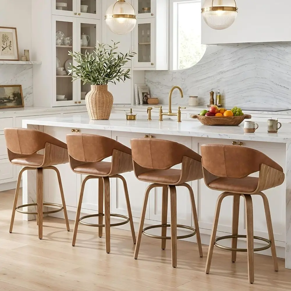 4-Piece Swivel Counter Height Bar Stools, Brown Faux Leather with Curved Back and Wooden Legs for Kitchen Island Dining
4-Piece Swivel Counter Height Bar Stools, Brown Faux Leather with Curved Back and Wooden Legs for Kitchen Island Dining