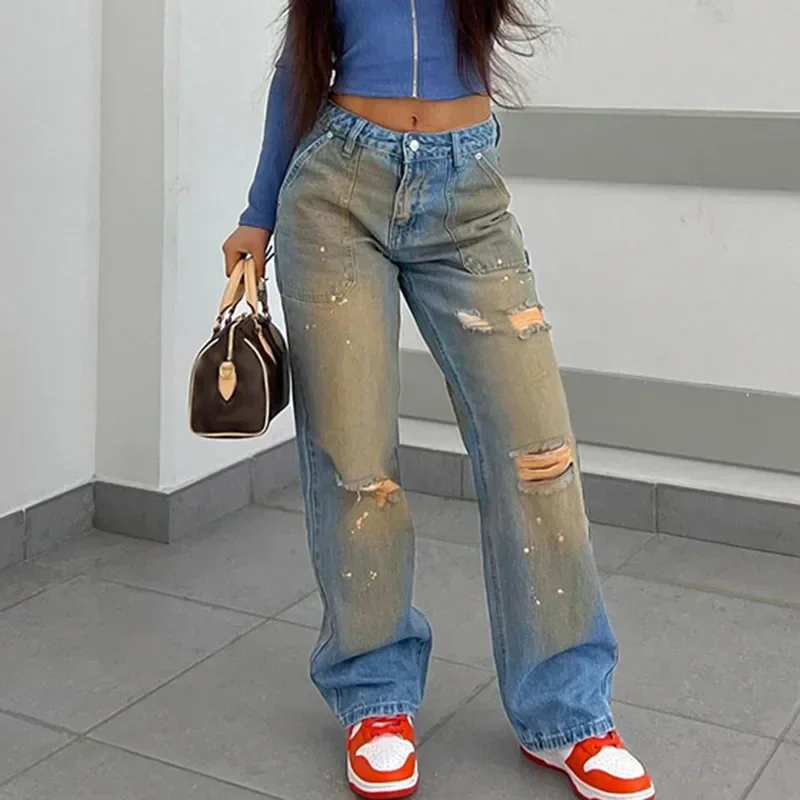 American street style washed retro gradient high waisted jeans with splashed ink straight leg casual pants
American street style washed retro gradient high waisted jeans with splashed ink straight leg casual pants