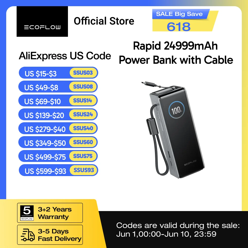 ECOFLOW Laptop Power Bank, 24999mAh Rapid Portable Charger, Triple 100W USB-C Ports, Built-in Retractable Cables, Fast Charging
ECOFLOW Laptop Power Bank, 24999mAh Rapid Portable Charger, Triple 100W USB-C Ports, Built-in Retractable Cables, Fast Charging