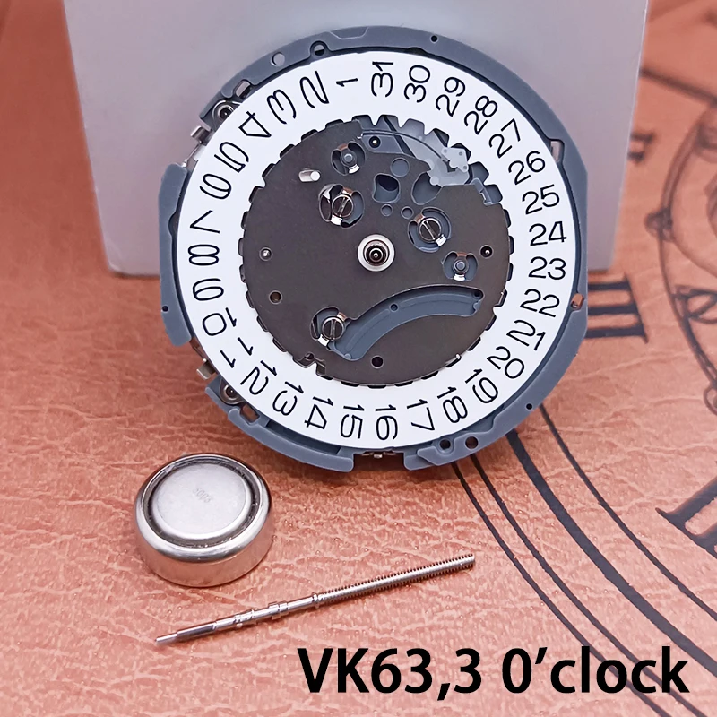 VK63A quartz watch movement with white/black date display at 3/6 o'clock positions and stopwatch function. VK63 movement
VK63A quartz watch movement with white/black date display at 3/6 o'clock positions and stopwatch function. VK63 movement