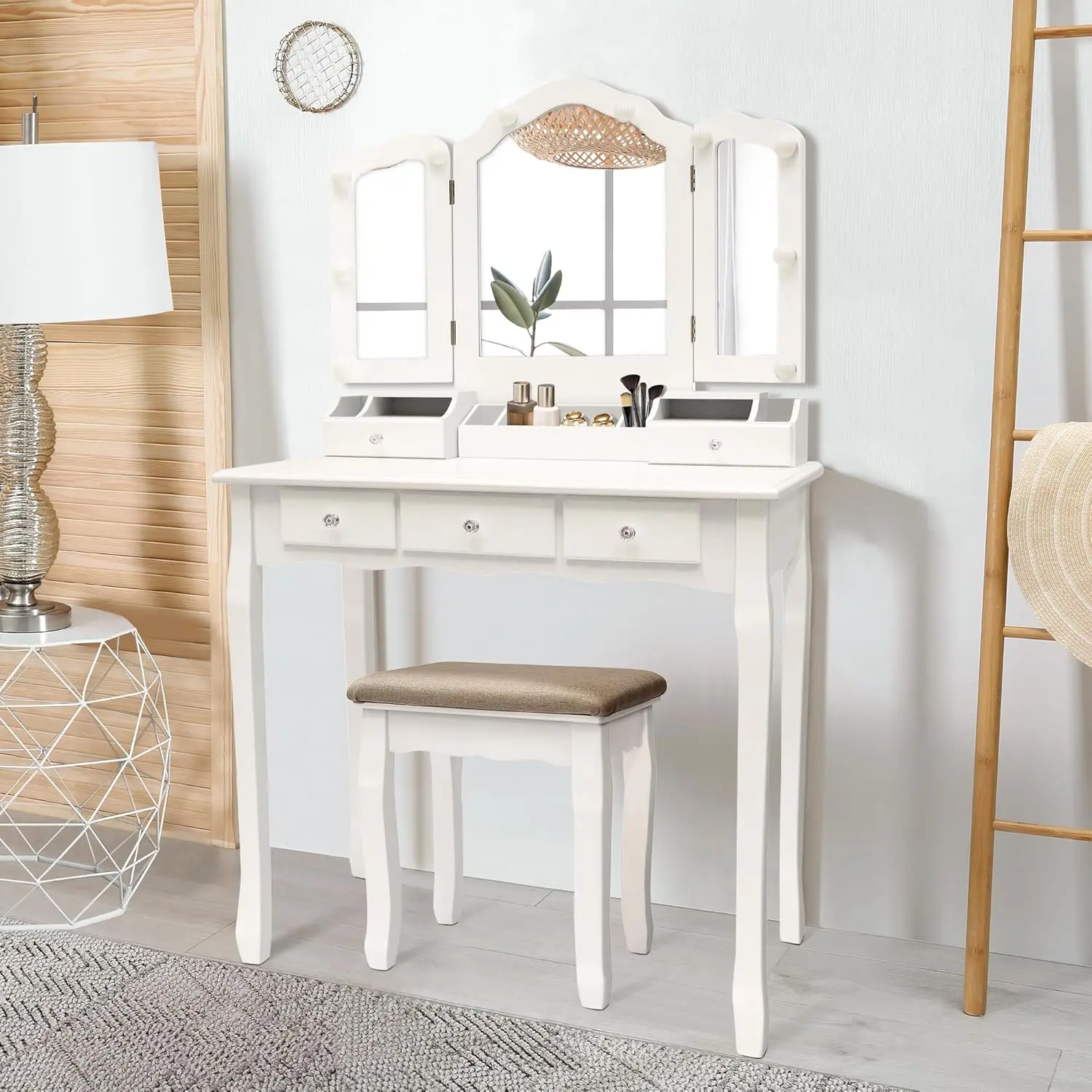 Vanity Table, Vintage Vanity Desk with Mirror and Lights, Tri-Fold Mirror Small Makeup Vanity with Chair, Vanity, Customized
Vanity Table, Vintage Vanity Desk with Mirror and Lights, Tri-Fold Mirror Small Makeup Vanity with Chair, Vanity, Customized
