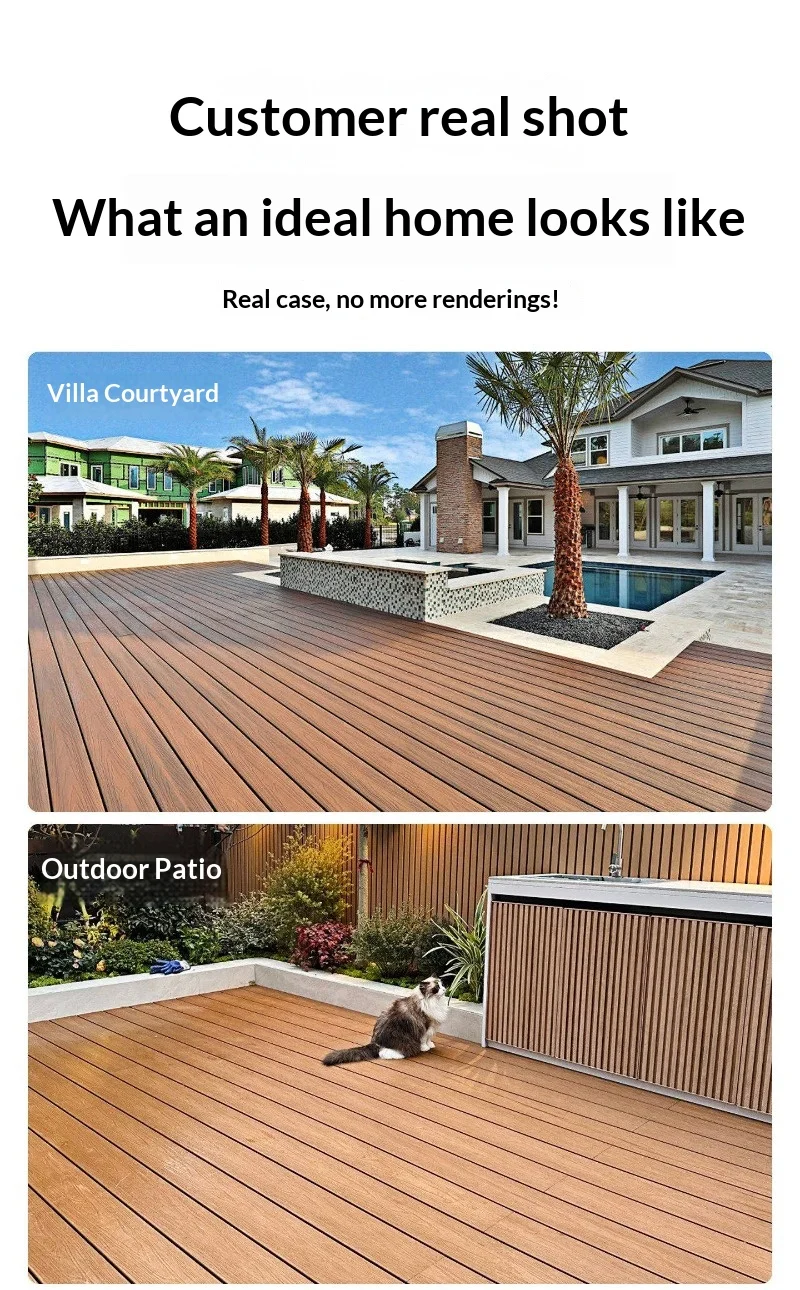 Outdoor wood-plastic composite flooring, second-generation co-extruded WPC for outdoor terraces, balconies, and courtyards.
Outdoor wood-plastic composite flooring, second-generation co-extruded WPC for outdoor terraces, balconies, and courtyards.