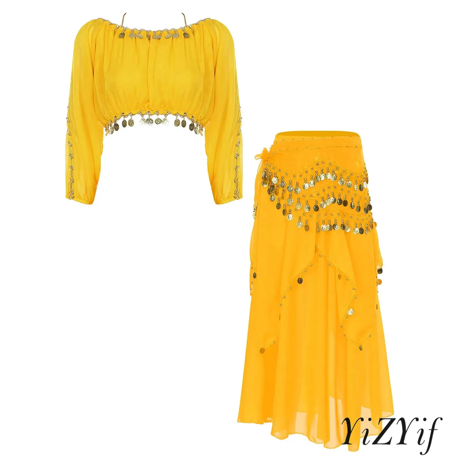 3-Piece Belly Dance Outfits Womens Long Puff Sleeve Crop Tops Metallic Glitter Chiffon Skirt with Tassel Waist Chain Dancewear
3-Piece Belly Dance Outfits Womens Long Puff Sleeve Crop Tops Metallic Glitter Chiffon Skirt with Tassel Waist Chain Dancewear