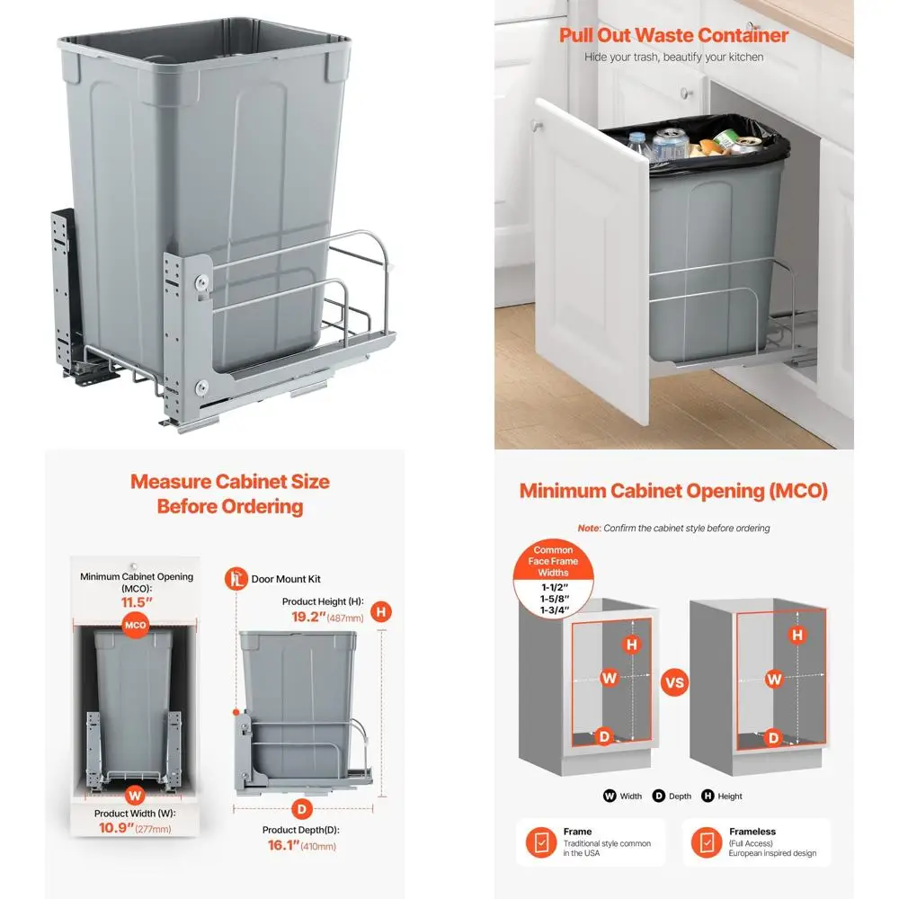 Kitchen Cabinet Pullout Trash Can, 35-Quart Garbage and Recycling Bin, Under-Mount Waste Container, Heavy Duty Metal
Kitchen Cabinet Pullout Trash Can, 35-Quart Garbage and Recycling Bin, Under-Mount Waste Container, Heavy Duty Metal