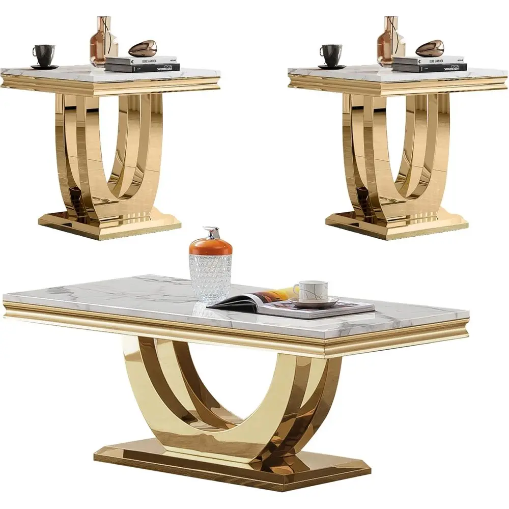 Modern Living Room Coffee and End Table Set with Stainless Steel Legs (White, 1 Coffee Table with 2 End Tables)
Modern Living Room Coffee and End Table Set with Stainless Steel Legs (White, 1 Coffee Table with 2 End Tables)