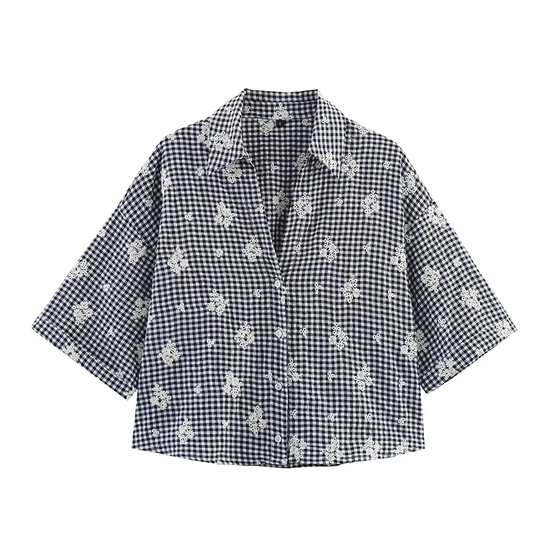 Summer 2025 Women Embroidery Plaid Crop Shirt Front Button Short Sleeve Lapel Collar Casual Blouse Blusas Mujer
Summer 2025 Women Embroidery Plaid Crop Shirt Front Button Short Sleeve Lapel Collar Casual Blouse Blusas Mujer