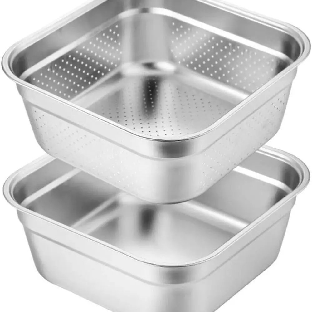 9 Square Stainless Steel Colander Set with Large Basin for Kitchen Sink, Ideal for Washing Fruits, Vegetables, and Rice
9 Square Stainless Steel Colander Set with Large Basin for Kitchen Sink, Ideal for Washing Fruits, Vegetables, and Rice