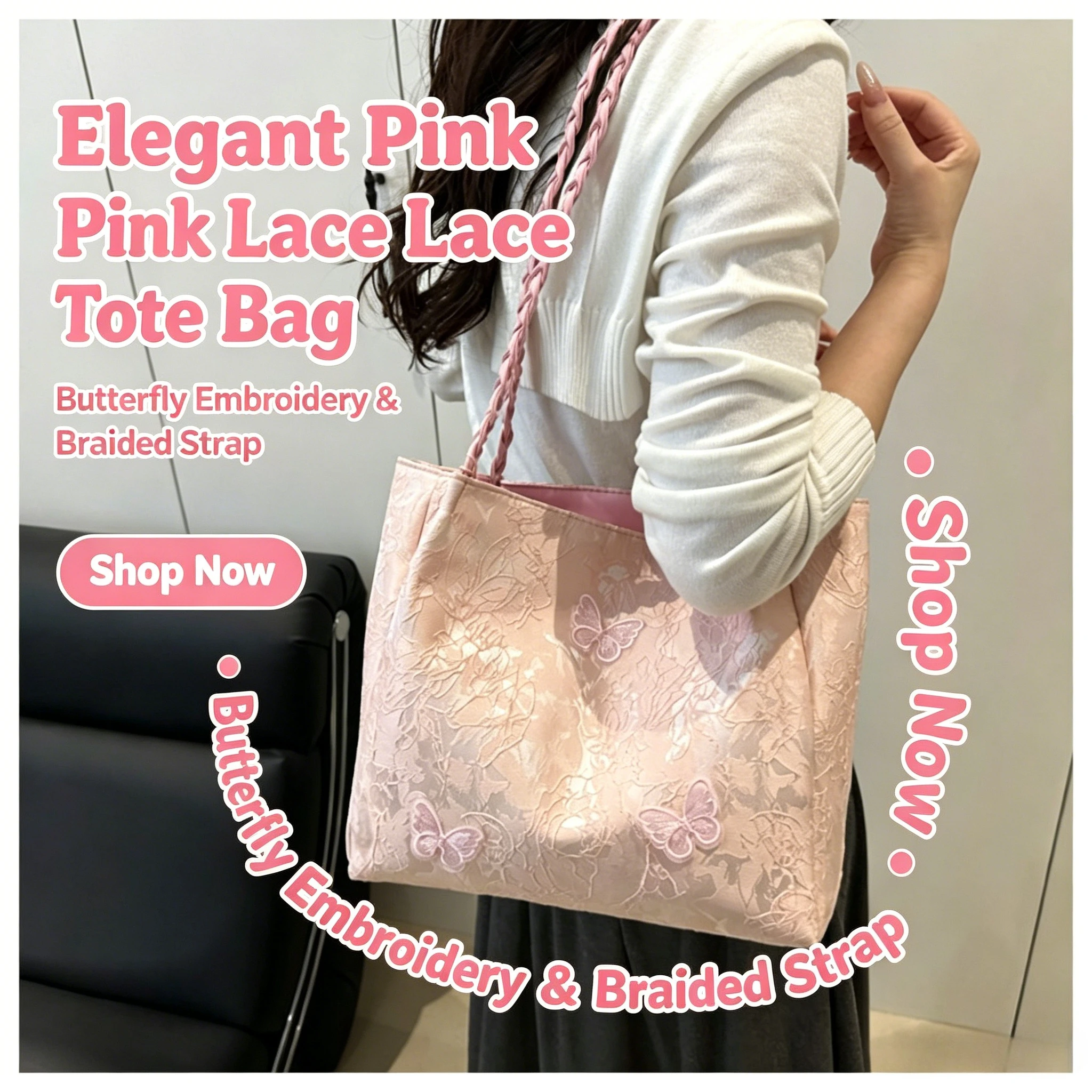 Kawaii Pink Butterfly Tote Bag Elegant Jacquard Shoulder Bag with Braided Strap & Tassel Aesthetic Lace Handbag for Women
Kawaii Pink Butterfly Tote Bag Elegant Jacquard Shoulder Bag with Braided Strap & Tassel Aesthetic Lace Handbag for Women