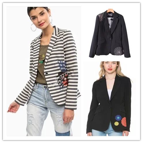 Foreign trade original single Spain new fashion bright print lapel striped small suit jacket
Foreign trade original single Spain new fashion bright print lapel striped small suit jacket