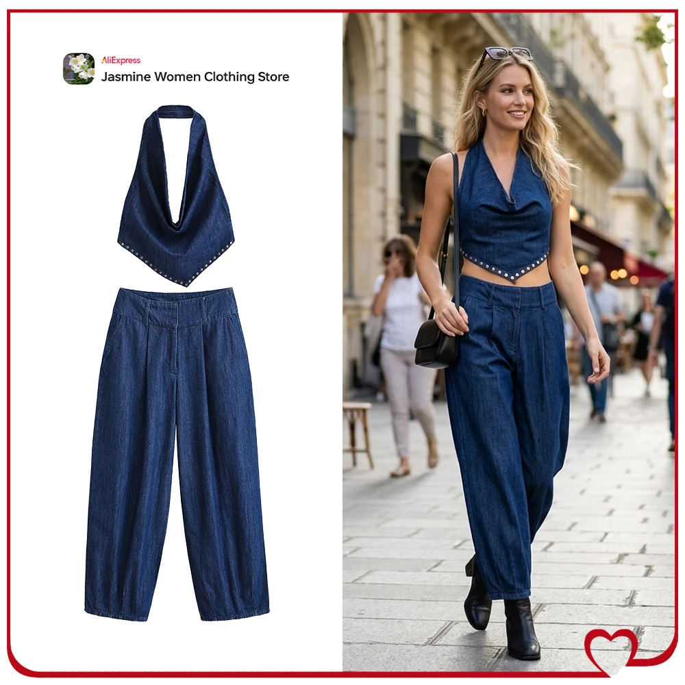 Stylish Pant Sets for Women Summer 2 Piece Sets Open Back Studded Flowy Halter Top with Asymmetrical Hem & Pleated Barrel Pants
Stylish Pant Sets for Women Summer 2 Piece Sets Open Back Studded Flowy Halter Top with Asymmetrical Hem & Pleated Barrel Pants