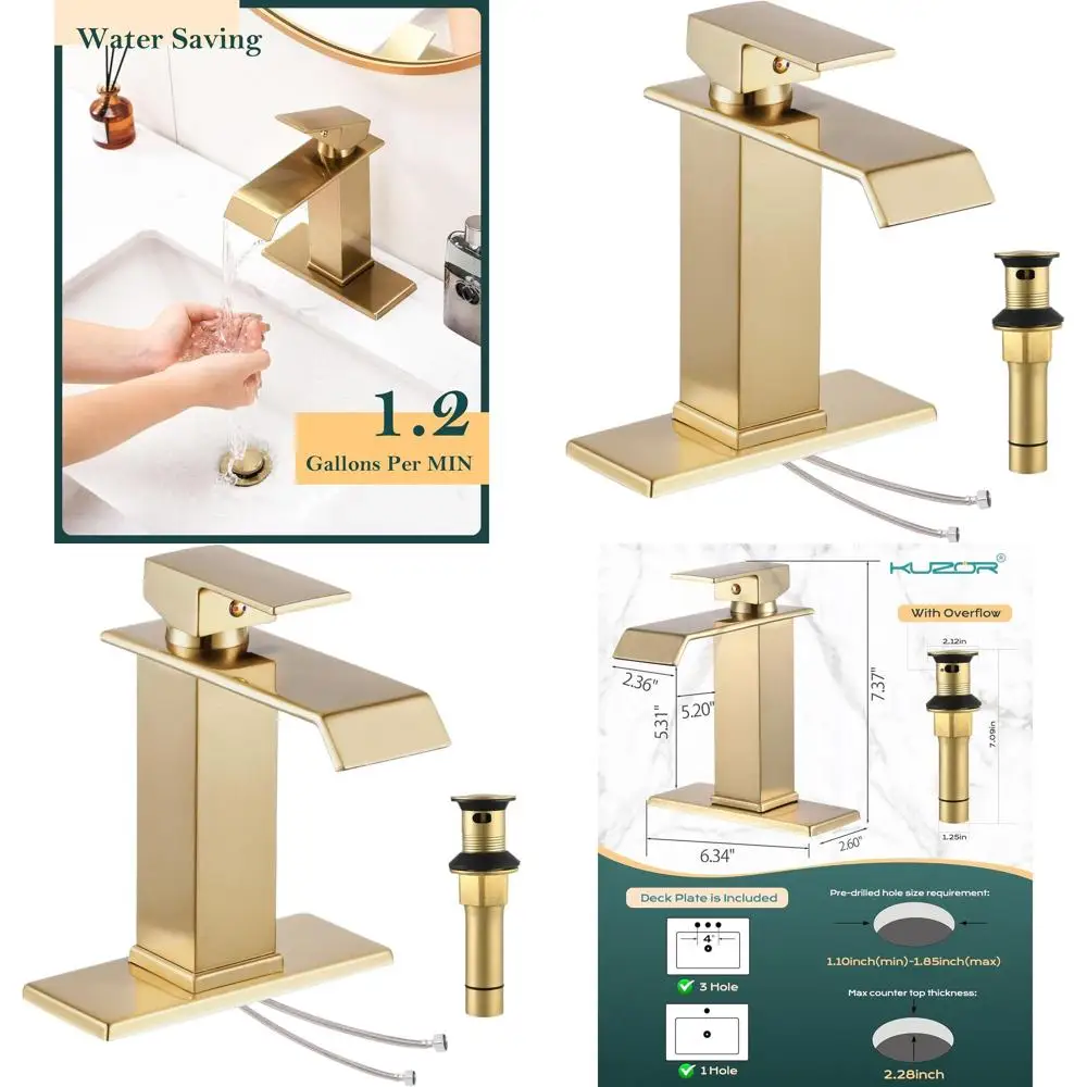 Single Handle Brushed Gold Waterfall Sink Faucet, 1 or 3 Hole, Metal Drain, 23.6 Hose, 3/8 Threads
Single Handle Brushed Gold Waterfall Sink Faucet, 1 or 3 Hole, Metal Drain, 23.6 Hose, 3/8 Threads