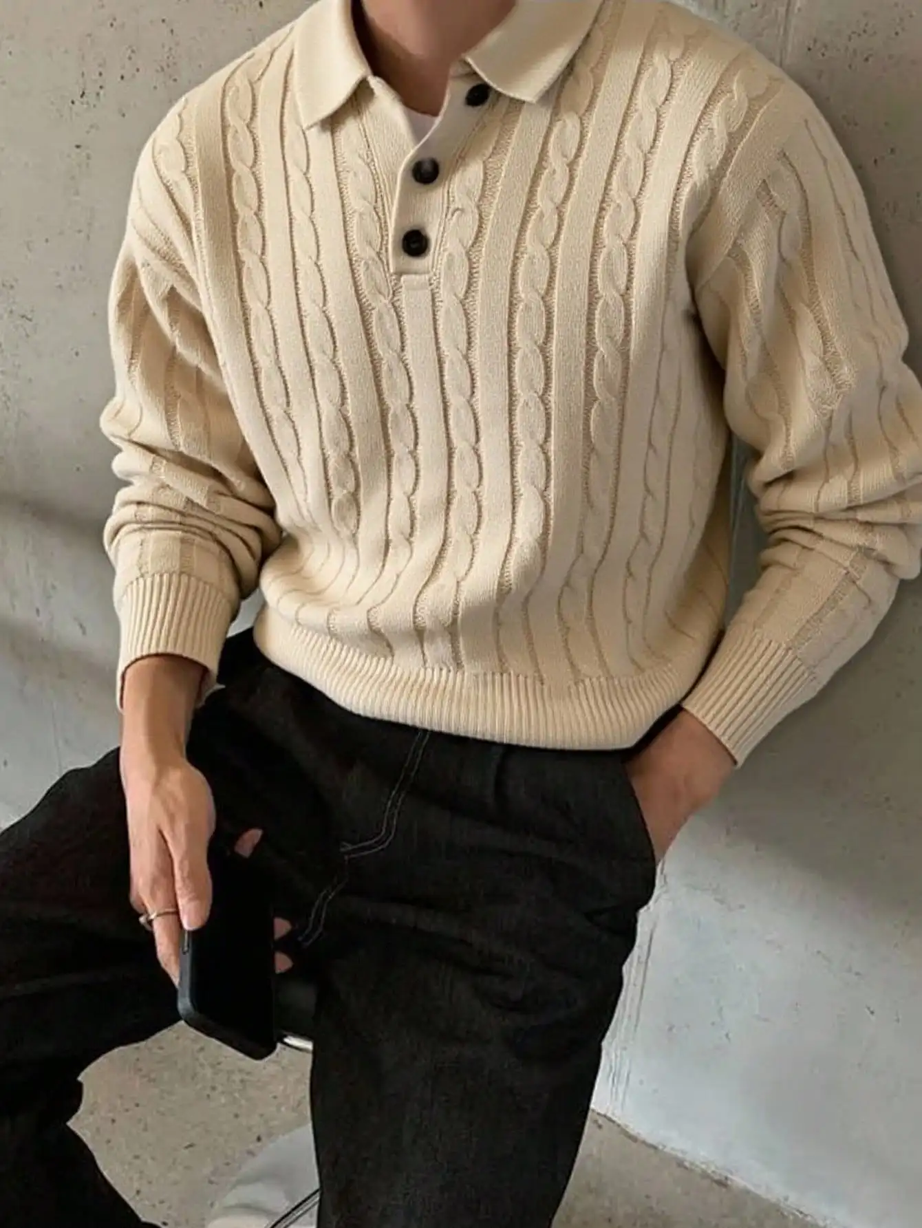 Men's Cream Cable Knit Polo Collar Long Sleeve Sweater for Fall Winter Casual Wear
Men's Cream Cable Knit Polo Collar Long Sleeve Sweater for Fall Winter Casual Wear