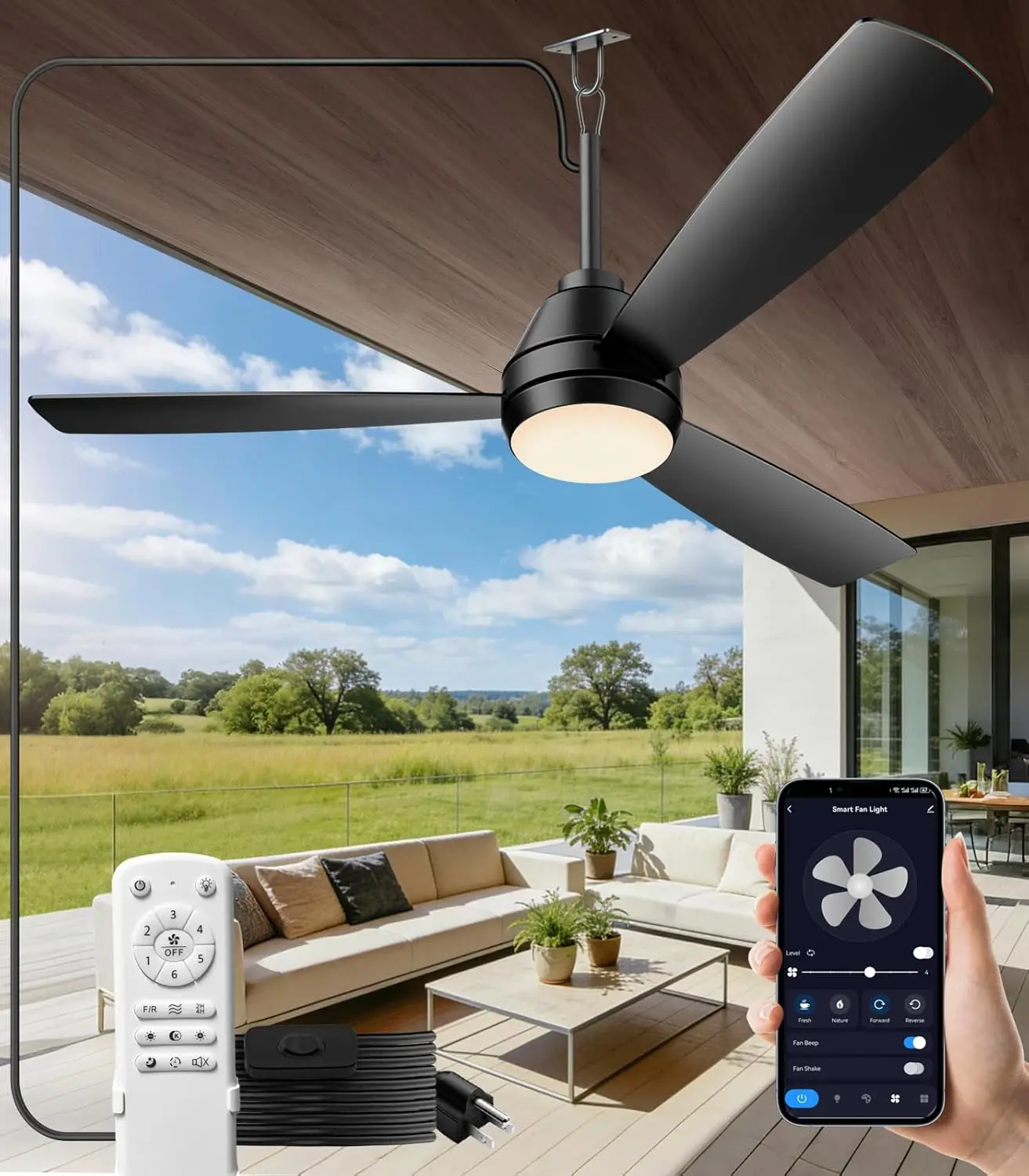 52-inch Plug-In Ceiling Fan with 16.5ft Cord and Dimmable 3CCT LED Light, Reversible Motor, Portable Hook Design for Bedroom, Garage, Tent, Porch, Kitchen, Patio
52-inch Plug-In Ceiling Fan with 16.5ft Cord and Dimmable 3CCT LED Light, Reversible Motor, Portable Hook Design for Bedroom, Garage, Tent, Porch, Kitchen, Patio