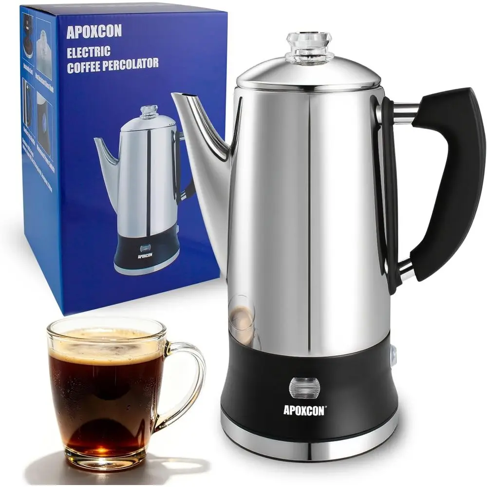 Stainless Steel Electric Coffee Percolator with Clear Glass Knob, 12-Cup Capacity, Warming Feature
Stainless Steel Electric Coffee Percolator with Clear Glass Knob, 12-Cup Capacity, Warming Feature