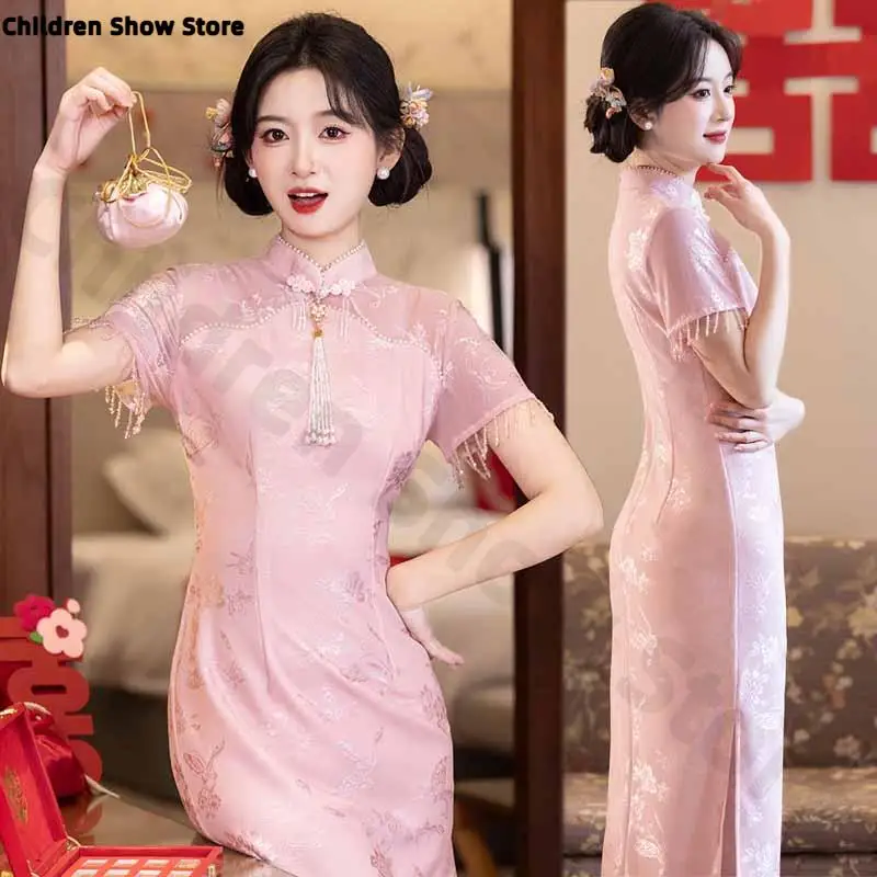 Pink New Chinese Style Bride Wedding Qipao Vintage Short Sleeve Mandarin Collar Cheongsam Elegant Print Flower Slim Vestidos
Pink New Chinese Style Bride Wedding Qipao Vintage Short Sleeve Mandarin Collar Cheongsam Elegant Print Flower Slim Vestidos