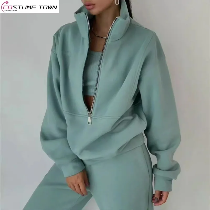 Autumn new European and American women's fashion zipper stand up collar top+pants two-piece set
Autumn new European and American women's fashion zipper stand up collar top+pants two-piece set