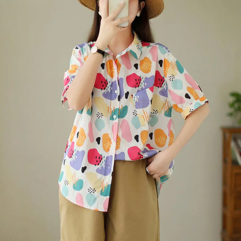 Thin Short-sleeved Shirt for Women 2025 Summer New Sweet Polo Collar Printed Slim Cotton Linen Cardigan
Thin Short-sleeved Shirt for Women 2025 Summer New Sweet Polo Collar Printed Slim Cotton Linen Cardigan