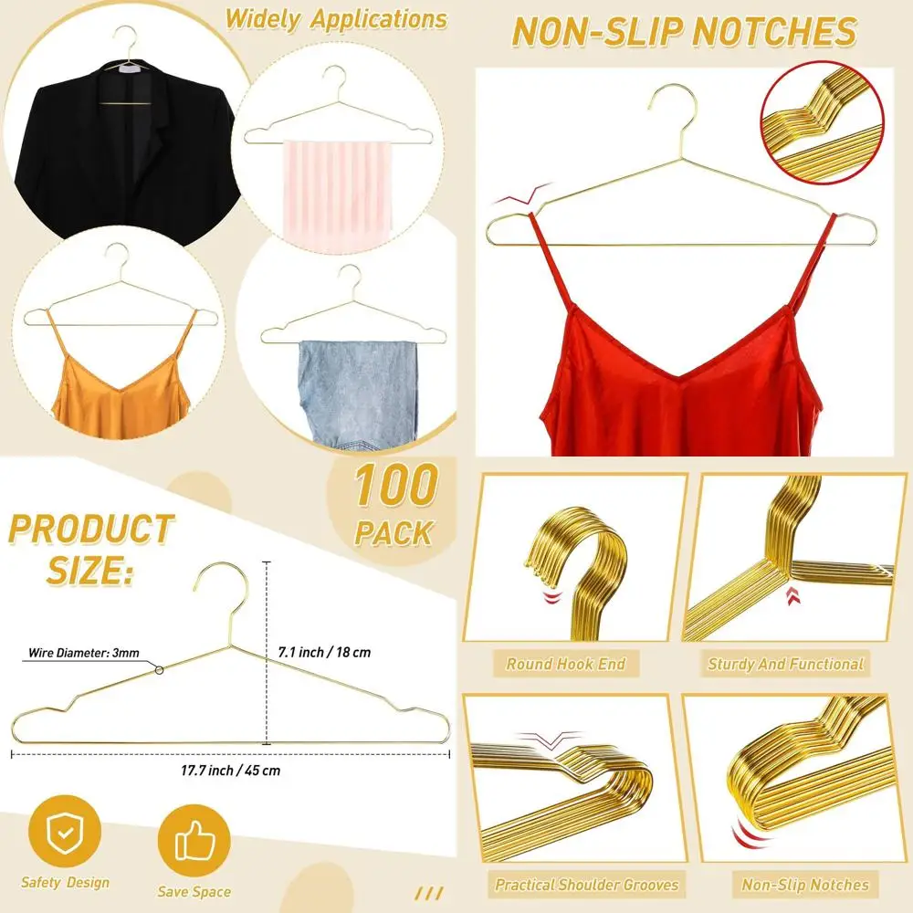 100 упаковок золотых вешалок из нержавеющей стали, ультратонкие и прочные для экономии места, идеально подходят для пальто, костюмов, платьев и других моделей в цвете C.
100 упаковок золотых вешалок из нержавеющей стали, ультратонкие и прочные для экономии места, идеально подходят для пальто, костюмов, платьев и других моделей в цвете C.