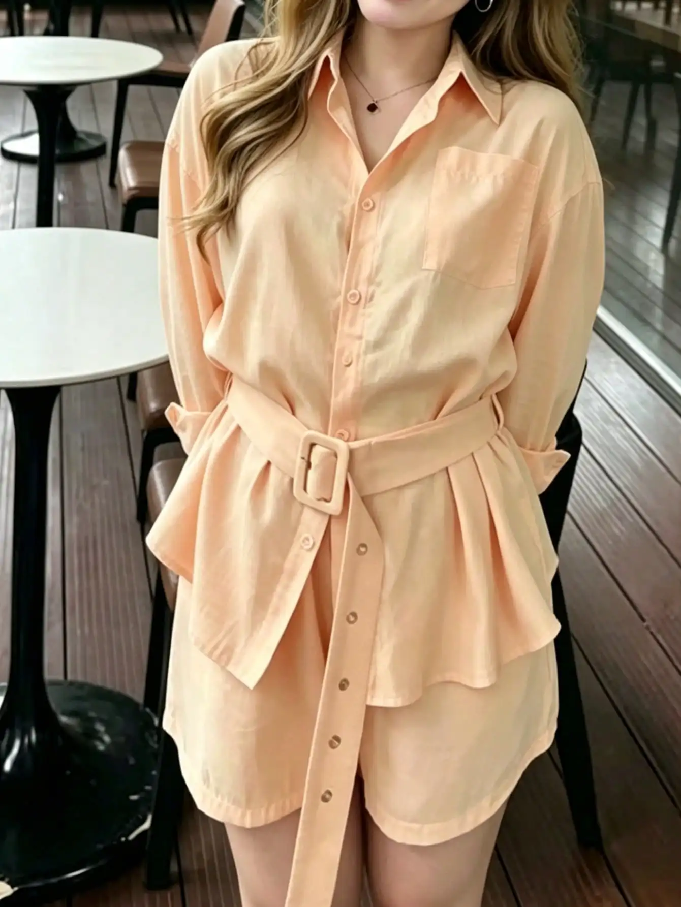 Women Fashion Long Sleeve 2 Pieces Shirts Sets Casual Simple Button Pockets Short Pant With Belt Tops New Summer Feamle Chic Fas
Women Fashion Long Sleeve 2 Pieces Shirts Sets Casual Simple Button Pockets Short Pant With Belt Tops New Summer Feamle Chic Fas