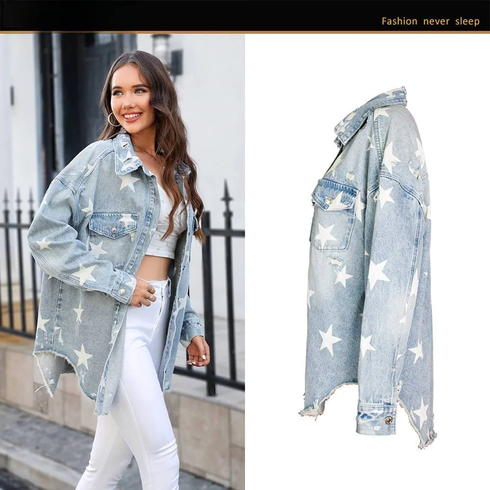 Loose Long Sleeve Women's Denim Jacket Autumn Winter Star Print Open Front Coat Waterproof Medium Length Casual Style
Loose Long Sleeve Women's Denim Jacket Autumn Winter Star Print Open Front Coat Waterproof Medium Length Casual Style