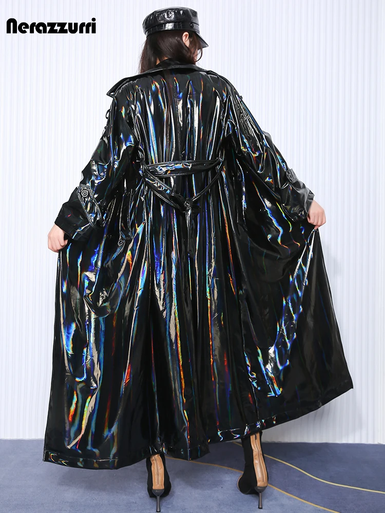 Nerazzurri Autumn Extra Long Black Holographic Shiny Reflective Stretchy Soft PVC Leather Trench Coat for Women European Fashion
Nerazzurri Autumn Extra Long Black Holographic Shiny Reflective Stretchy Soft PVC Leather Trench Coat for Women European Fashion