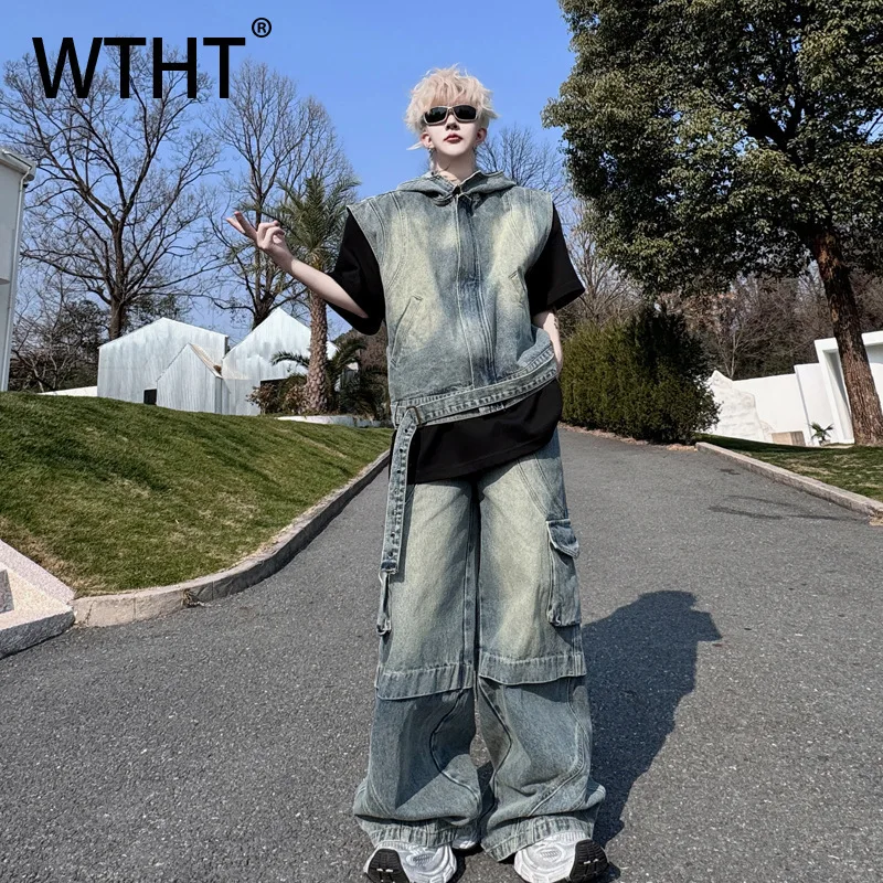 WTHT Fashion Men's Suit Wash Hooded Sleeveless Zipper Denim Vest Pockets High-waisted Straight Jeans Set Male 2025 Summer 2A0501
WTHT Fashion Men's Suit Wash Hooded Sleeveless Zipper Denim Vest Pockets High-waisted Straight Jeans Set Male 2025 Summer 2A0501