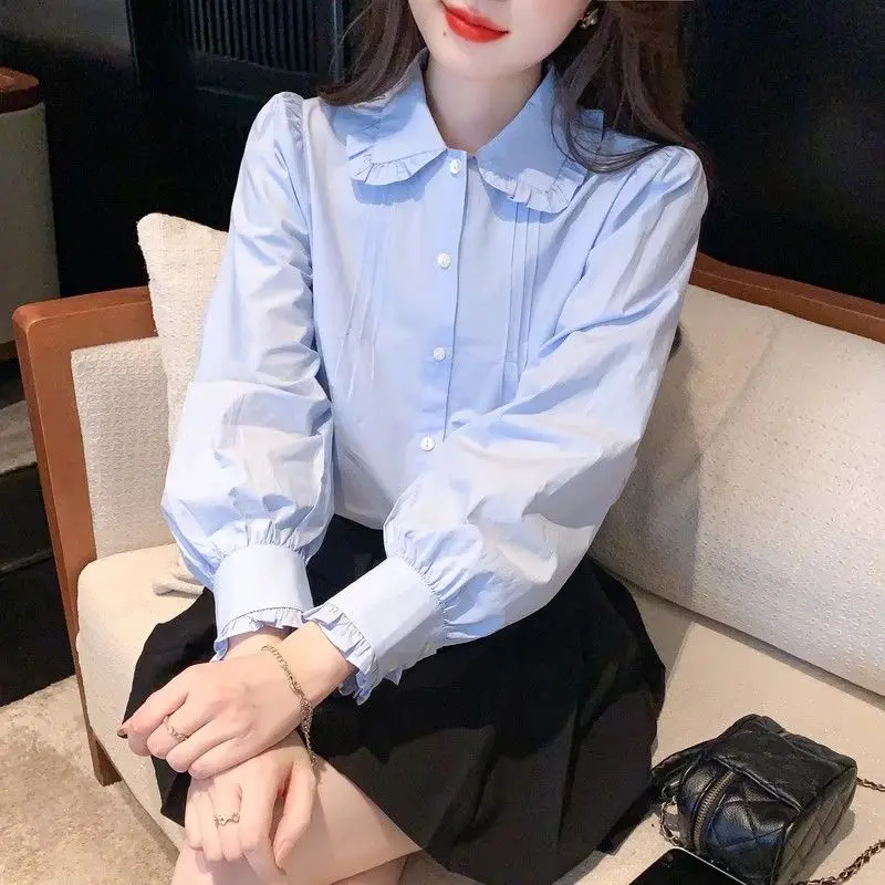 Lotus Leaf Edge Doll Collar Blue Shirt Spring Autumn Casual Temperament Sweet Chic Long Sleeves Tops Fashion Clothes for Women
Lotus Leaf Edge Doll Collar Blue Shirt Spring Autumn Casual Temperament Sweet Chic Long Sleeves Tops Fashion Clothes for Women