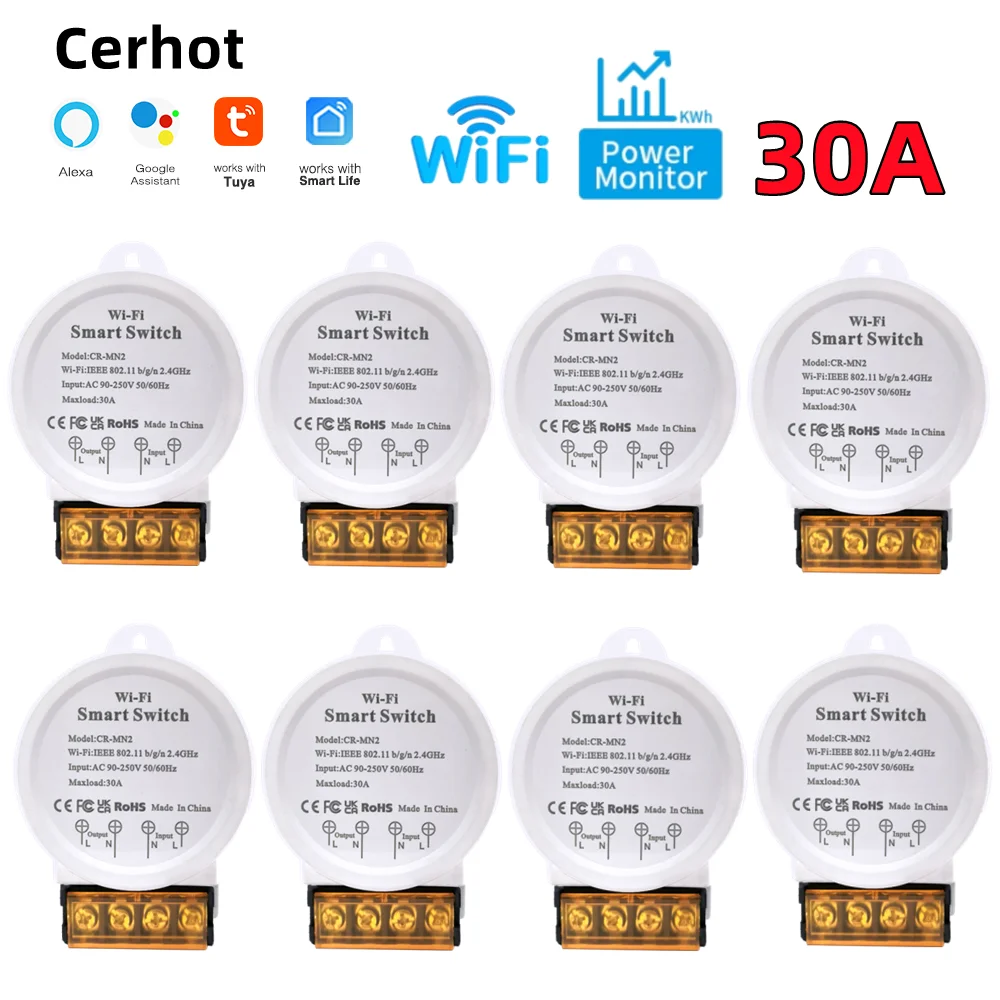 Cerhot 30A Tuya WiFi Smart Switch Power Monitor Switch WiFi Control AC 90-250V Works With Alexa Google Assistant Voice Control
Cerhot 30A Tuya WiFi Smart Switch Power Monitor Switch WiFi Control AC 90-250V Works With Alexa Google Assistant Voice Control