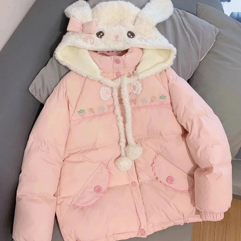 Розовая женская парка в стиле кавайной Лолиты, японская милая куртка с капюшоном и вышивкой кроличьих ушей, свободное плюшевое пуховое пальто на бархатной подкладке 
Розовая женская парка в стиле кавайной Лолиты, японская милая куртка с капюшоном и вышивкой кроличьих ушей, свободное плюшевое пуховое пальто на бархатной подкладке