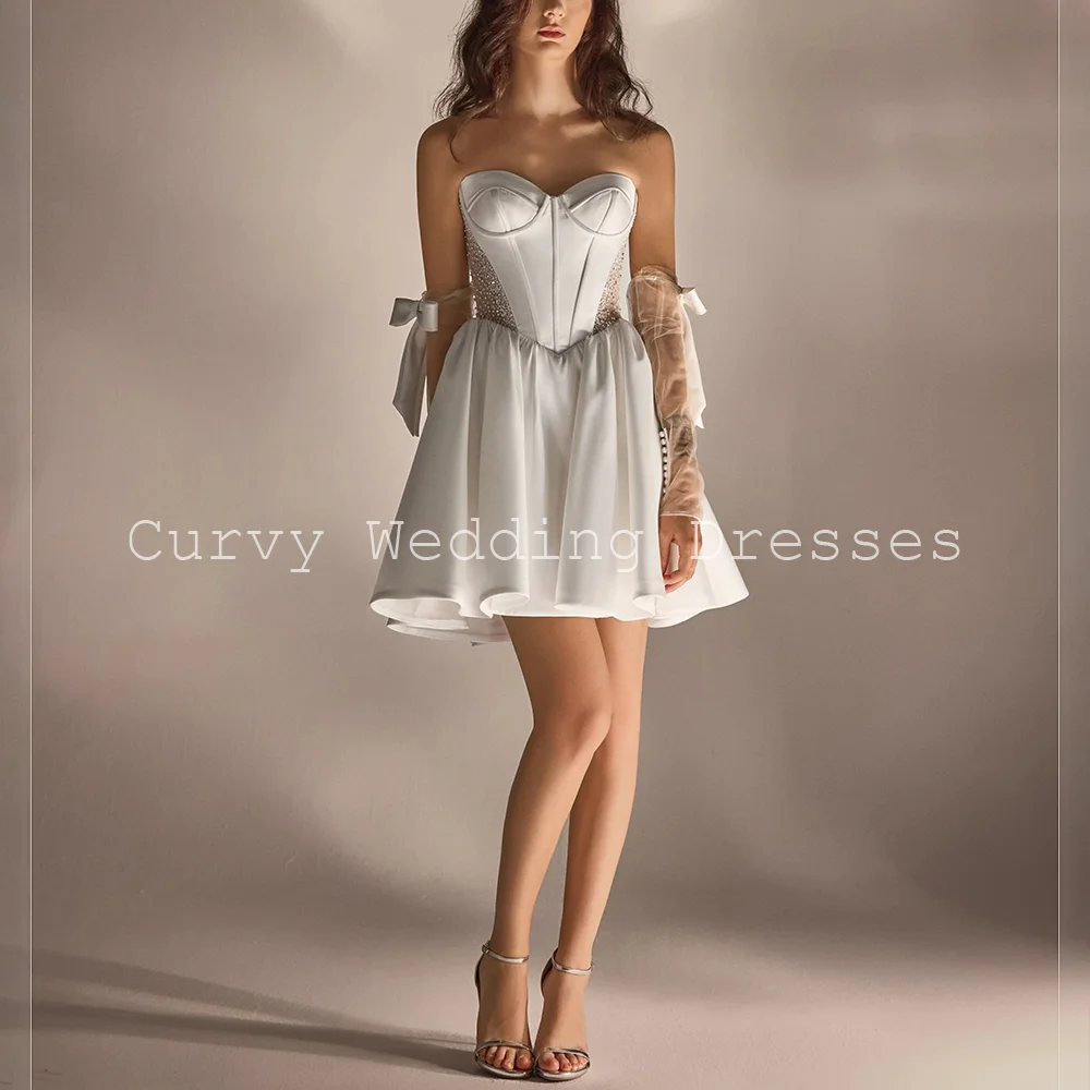 Curvy Luxury Strapless Corset Illusion Beaded Satin Short Puffy Wedding Dresses Lace Up Back for Bridal Customized
Curvy Luxury Strapless Corset Illusion Beaded Satin Short Puffy Wedding Dresses Lace Up Back for Bridal Customized