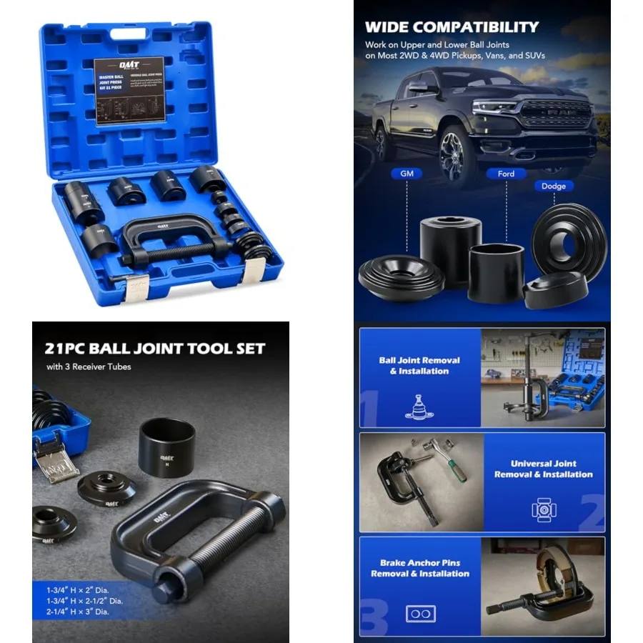 Ball Joint Press Kit, 21-Piece Master Ball Joint Removal Tool with C-Frame, Heavy-Duty Brake Anchor Pin U Joint Ball Joint Press Tool for 2WD and 4WD Cars
Ball Joint Press Kit, 21-Piece Master Ball Joint Removal Tool with C-Frame, Heavy-Duty Brake Anchor Pin U Joint Ball Joint Press Tool for 2WD and 4WD Cars