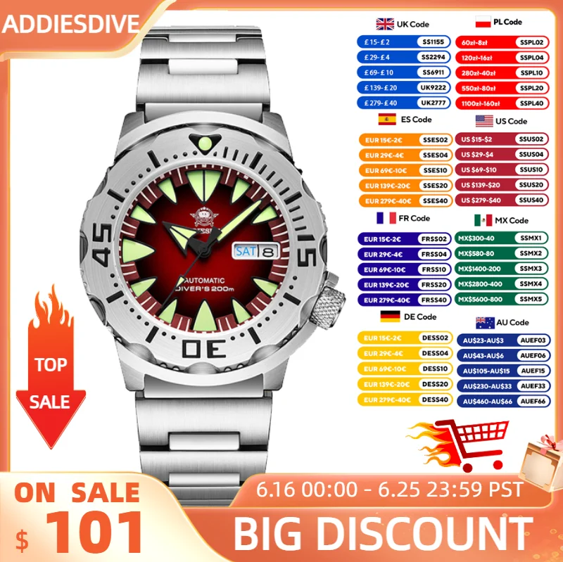 ADDIESDIVE NH36 Automatic Watch Sapphire Glass 200M Waterproof C3 Luminous 316L Steel Monster Mechanical Wristwatch for Men
ADDIESDIVE NH36 Automatic Watch Sapphire Glass 200M Waterproof C3 Luminous 316L Steel Monster Mechanical Wristwatch for Men